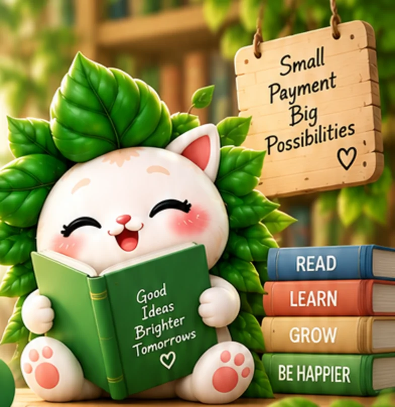 The GreenLeaf mascot reading a book beside a stack marked Read, Learn, Grow, Be Happier